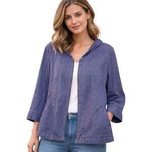 Coldwater Creek Jacket Womens Petite XL Blue Linen Hooded Zip Front Lightweight